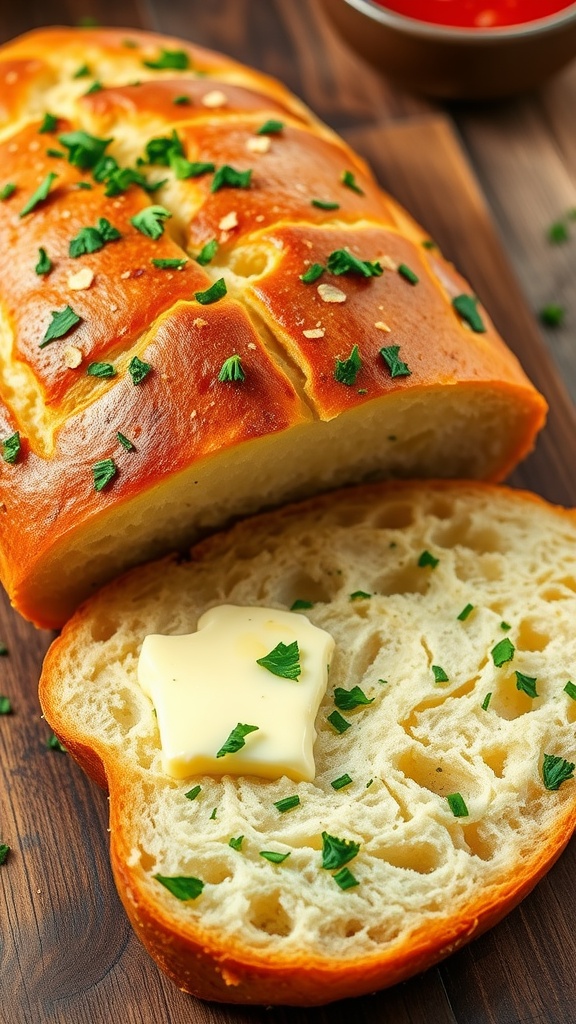 A golden-brown loaf of garlic bread, sliced and garnished with parsley, served with a bowl of marinara sauce.